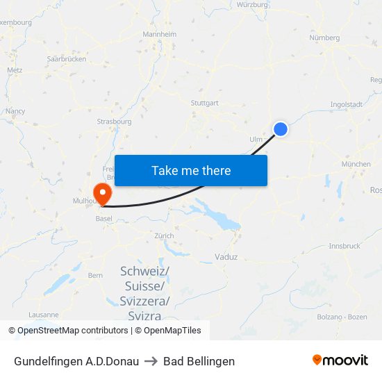 Gundelfingen A.D.Donau to Bad Bellingen map