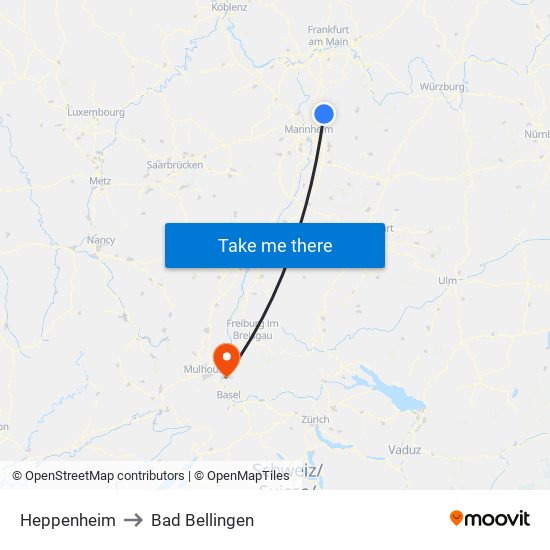 Heppenheim to Bad Bellingen map