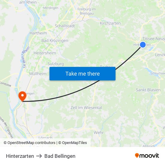 Hinterzarten to Bad Bellingen map