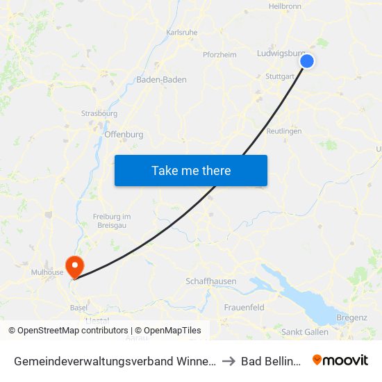 Gemeindeverwaltungsverband Winnenden to Bad Bellingen map