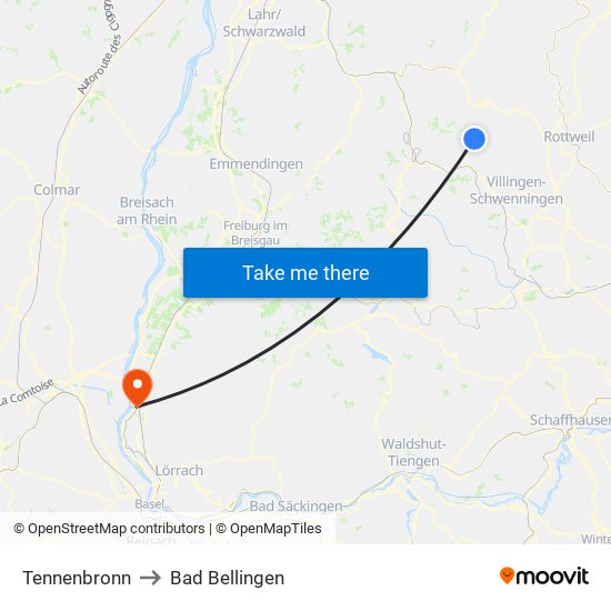 Tennenbronn to Bad Bellingen map