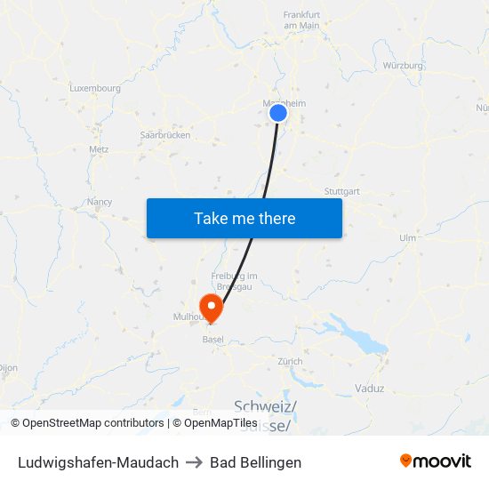 Ludwigshafen-Maudach to Bad Bellingen map
