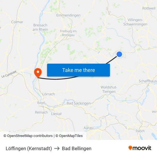 Löffingen (Kernstadt) to Bad Bellingen map