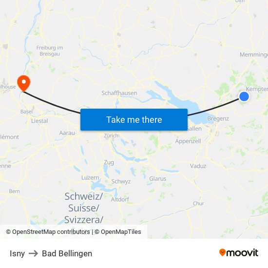 Isny to Bad Bellingen map