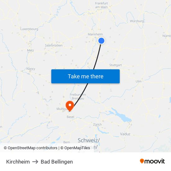 Kirchheim to Bad Bellingen map