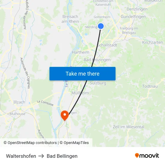 Waltershofen to Bad Bellingen map