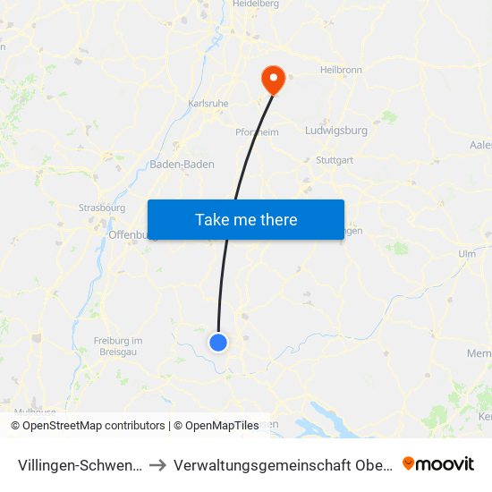 Villingen-Schwenningen to Verwaltungsgemeinschaft Oberderdingen map