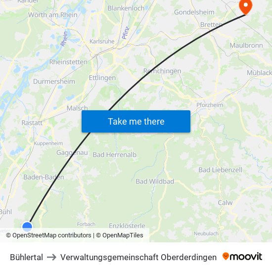 Bühlertal to Verwaltungsgemeinschaft Oberderdingen map