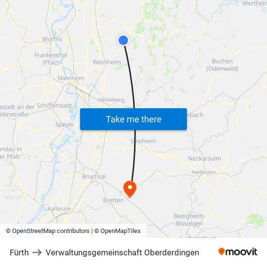 Fürth to Verwaltungsgemeinschaft Oberderdingen map