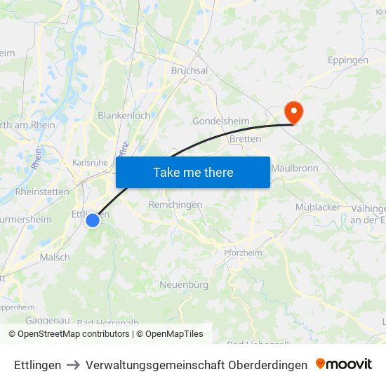 Ettlingen to Verwaltungsgemeinschaft Oberderdingen map