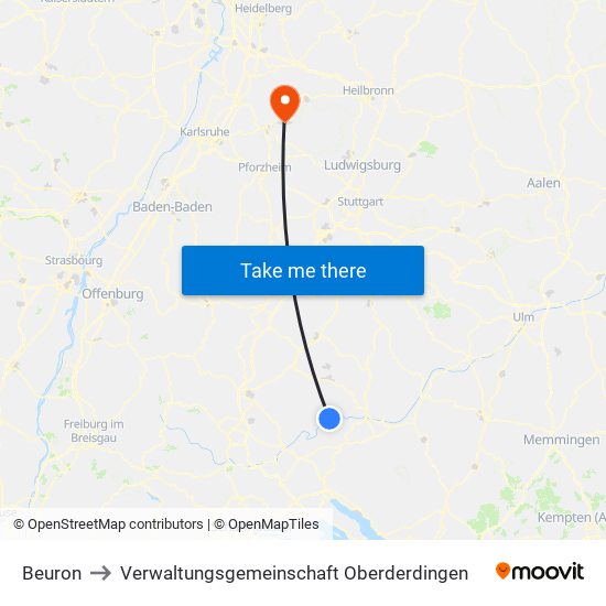 Beuron to Verwaltungsgemeinschaft Oberderdingen map