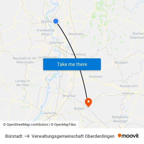 Bürstadt to Verwaltungsgemeinschaft Oberderdingen map