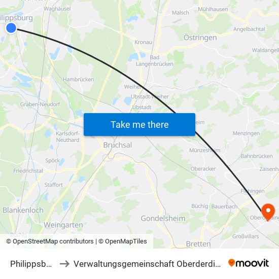 Philippsburg to Verwaltungsgemeinschaft Oberderdingen map