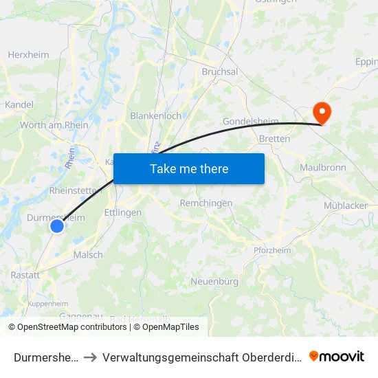 Durmersheim to Verwaltungsgemeinschaft Oberderdingen map