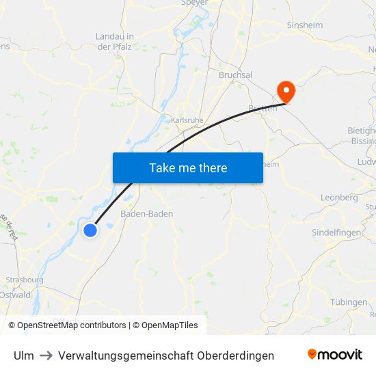 Ulm to Verwaltungsgemeinschaft Oberderdingen map