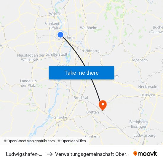 Ludwigshafen-Oppau to Verwaltungsgemeinschaft Oberderdingen map