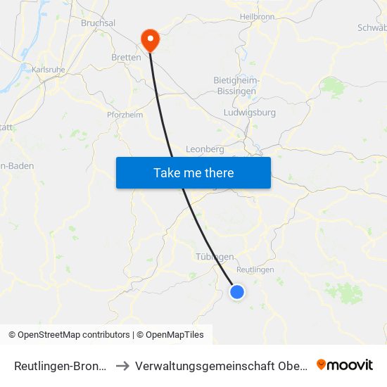 Reutlingen-Bronnweiler to Verwaltungsgemeinschaft Oberderdingen map