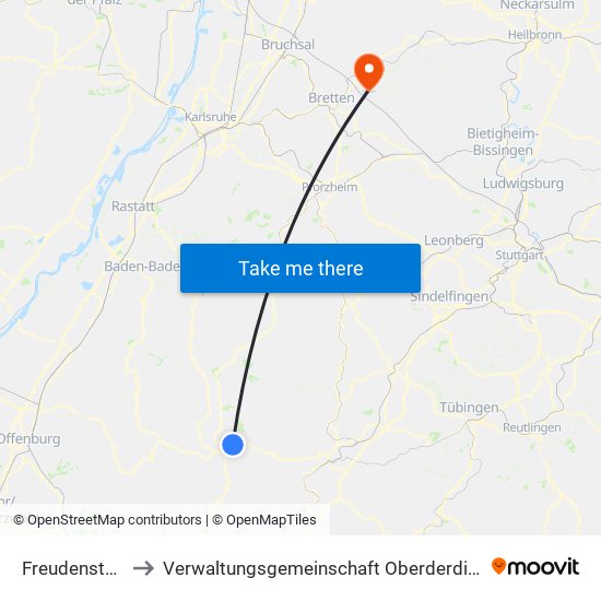 Freudenstadt to Verwaltungsgemeinschaft Oberderdingen map