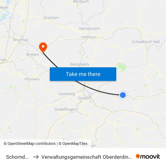 Schorndorf to Verwaltungsgemeinschaft Oberderdingen map