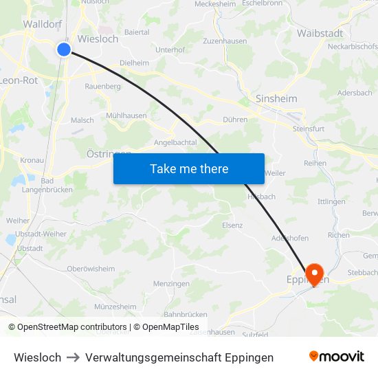 Wiesloch to Verwaltungsgemeinschaft Eppingen map