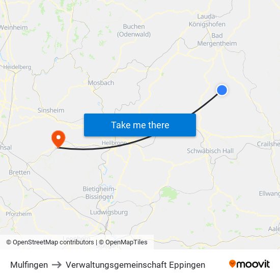 Mulfingen to Verwaltungsgemeinschaft Eppingen map