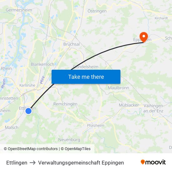 Ettlingen to Verwaltungsgemeinschaft Eppingen map