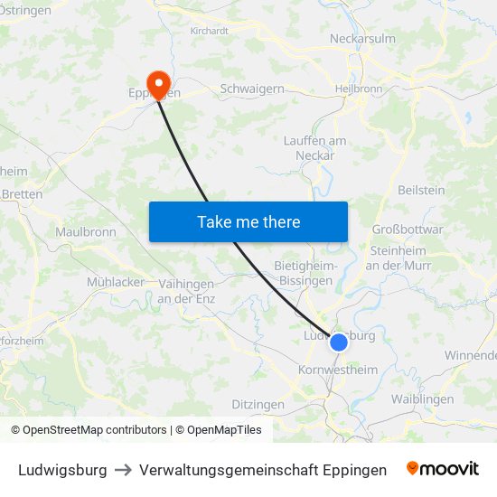 Ludwigsburg to Verwaltungsgemeinschaft Eppingen map