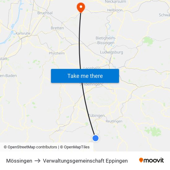 Mössingen to Verwaltungsgemeinschaft Eppingen map