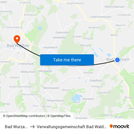Bad Wurzach to Verwaltungsgemeinschaft Bad Waldsee map