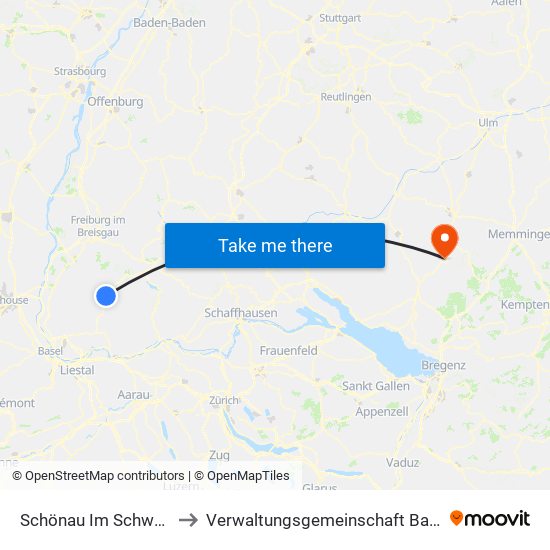 Schönau Im Schwarzwald to Verwaltungsgemeinschaft Bad Waldsee map