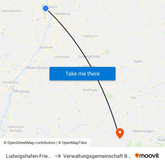 Ludwigshafen-Friesenheim to Verwaltungsgemeinschaft Bad Waldsee map