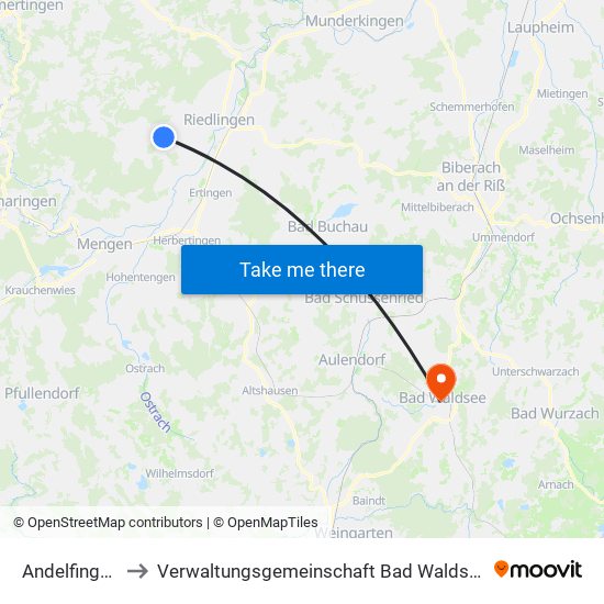 Andelfingen to Verwaltungsgemeinschaft Bad Waldsee map
