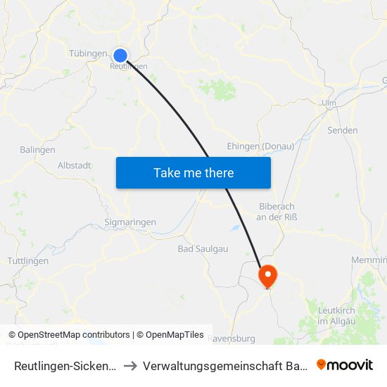 Reutlingen-Sickenhausen to Verwaltungsgemeinschaft Bad Waldsee map