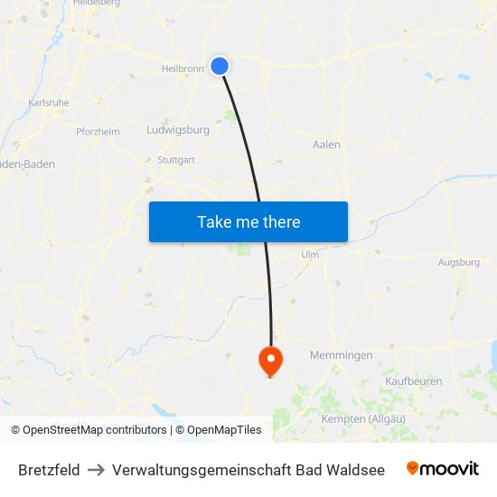 Bretzfeld to Verwaltungsgemeinschaft Bad Waldsee map