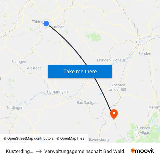 Kusterdingen to Verwaltungsgemeinschaft Bad Waldsee map