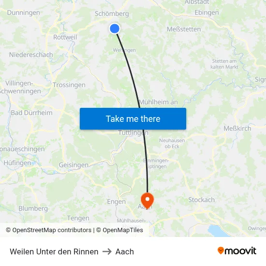 Weilen Unter den Rinnen to Aach map