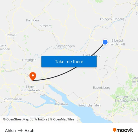 Ahlen to Aach map