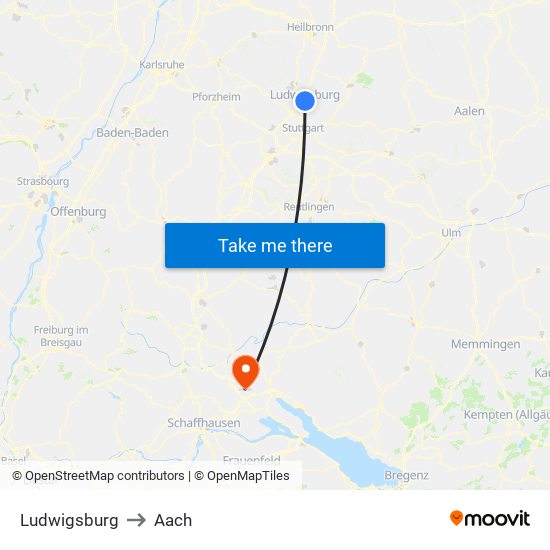 Ludwigsburg to Aach map