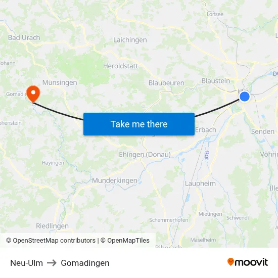 Neu-Ulm to Gomadingen map