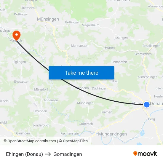 Ehingen (Donau) to Gomadingen map