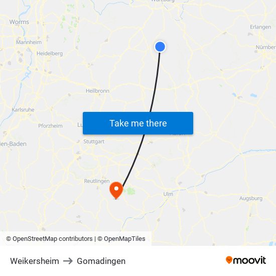 Weikersheim to Gomadingen map