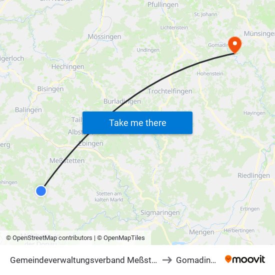 Gemeindeverwaltungsverband Meßstetten to Gomadingen map