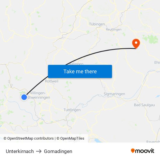 Unterkirnach to Gomadingen map