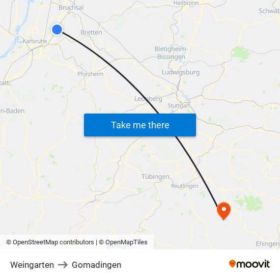 Weingarten to Gomadingen map