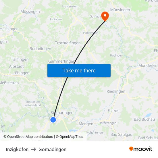 Inzigkofen to Gomadingen map