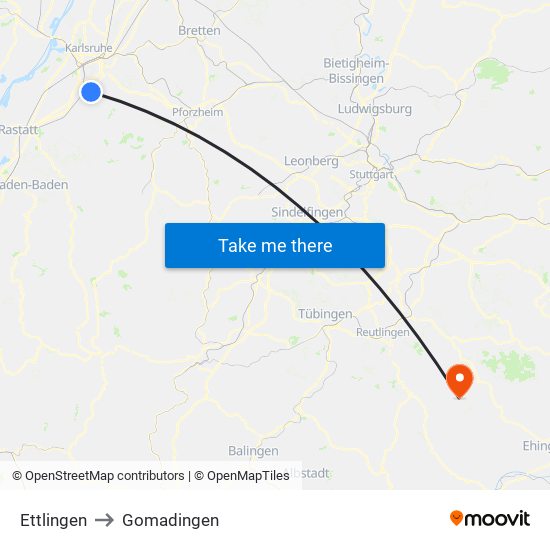 Ettlingen to Gomadingen map