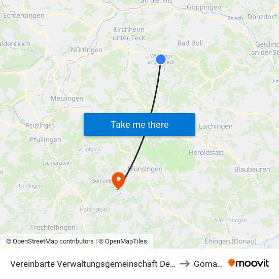 Vereinbarte Verwaltungsgemeinschaft Der Stadt Weilheim An Der Teck to Gomadingen map