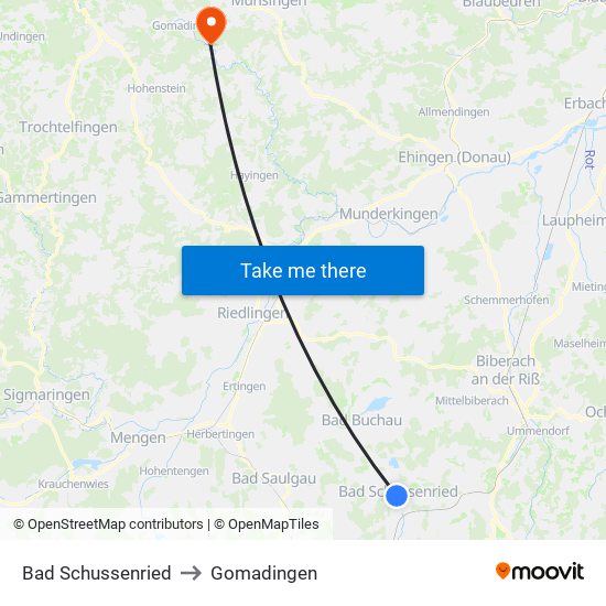 Bad Schussenried to Gomadingen map