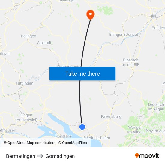 Bermatingen to Gomadingen map