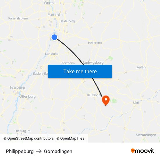 Philippsburg to Gomadingen map